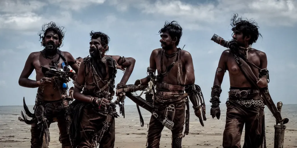 Prompt: sri lankan mad max style on a ship, ocean, film still, epic shot cinematography, rule of thirds