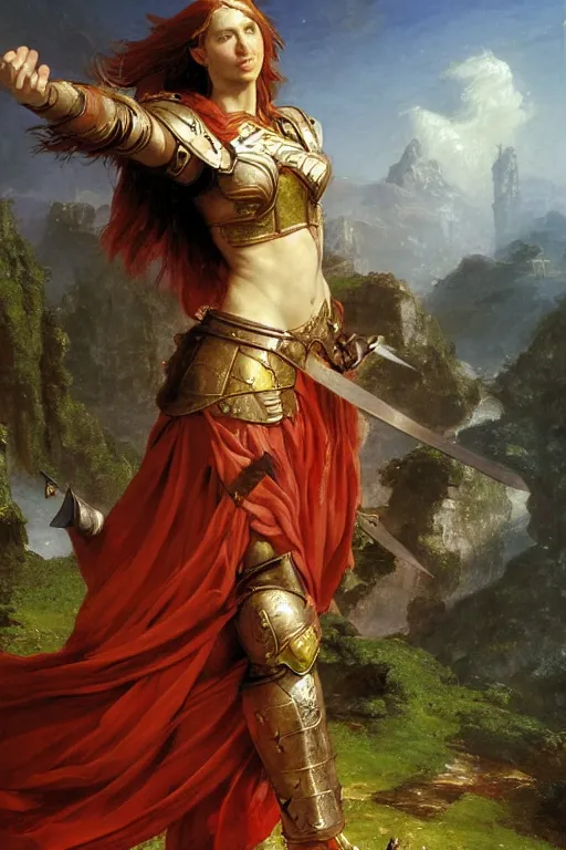 Image similar to beautiful female warrior, half body portrait, ginger hair, ornate armour, hand outstretched and pointing to the distance, realistic oil painting by Thomas Cole and Wayne Barlowe