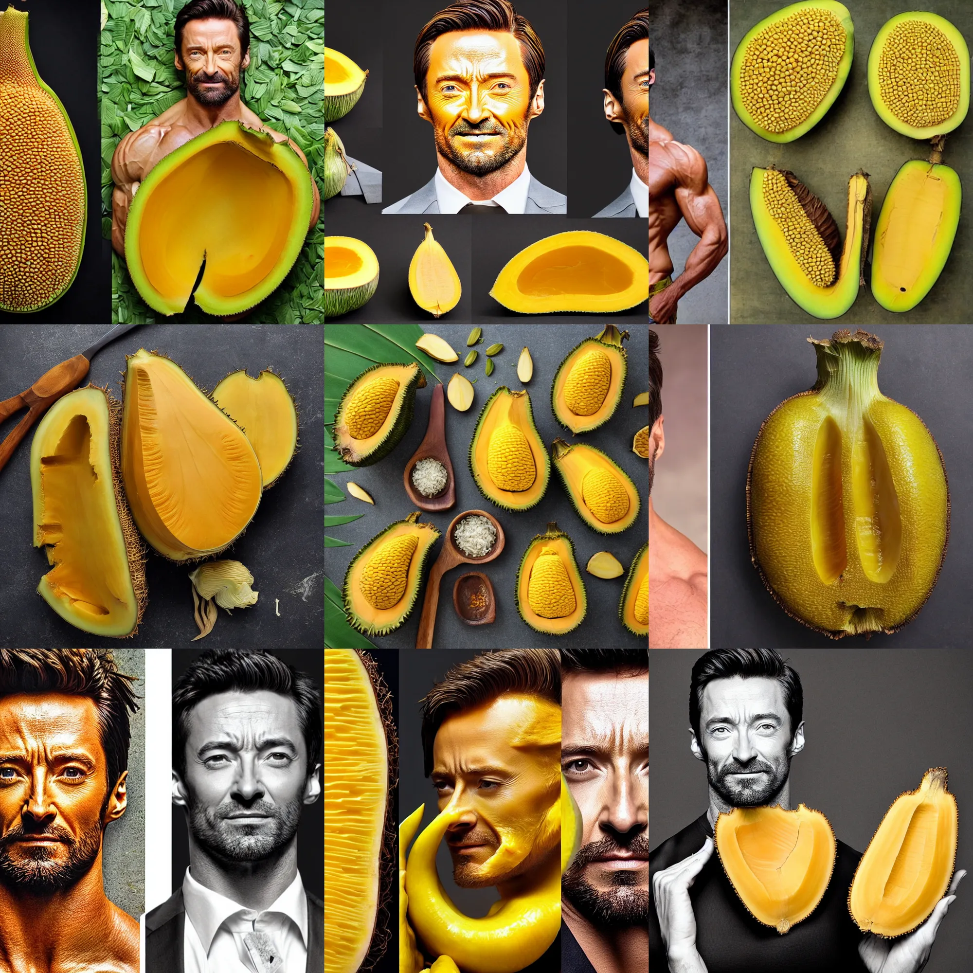 Prompt: body made of jackfruit made of hugh jackman, face made of jackfruit, jackfruit body, high detail photo