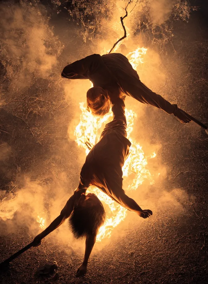 Prompt: full body shot of old asian man with long beard, hanging from a tree, his head upside down, covered in roots, bright multiple glowing eyes, holding a large carved wooden dark fractal stick, hanging upside down, head upside down, thick smoke around him, in the burning soil desert, cinematic shot, wide angle, dark desert background, volumetric lighting by Denis Villeneuve, Lubezki, Gaspar Noe, Christopher Doyle and Alejandro Jodorowsky, anamorphic lens, anamorphic lens flares, kodakchrome, cinematic composition, practical effects, award winning photo, 8k