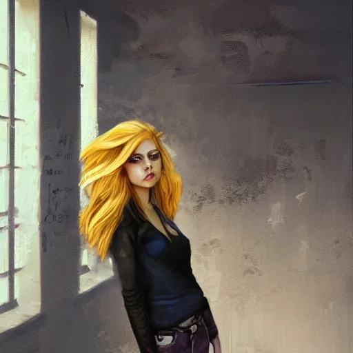 Image similar to oil painting of jinx with golden blonde hair, standing in abandoned building, in style of charlie bowater, detailed face,