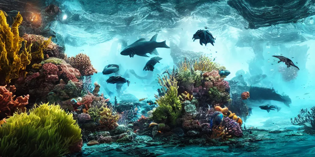 Image similar to underwater enviroment with Anoplogaster creatures, unreal 5, hyperrealistic, realistic, photorealistic, dynamic lighting, highly detailed, cinematic landscape, studio landscape, studio lighting