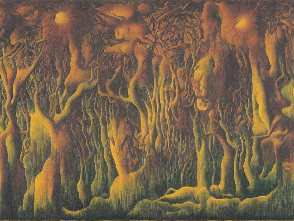 Prompt: dreamless night, sweaty mountain, the antler people, African mask, acid rains. Painting by Rene Magritte, Jean Delville, Max Ernst, Maria Sybilla Merian