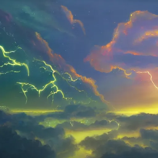 Image similar to beautiful oil painting of golden eastern dragon alone in sky, green lightning, night clouds, above city, high detail, trending in artstation