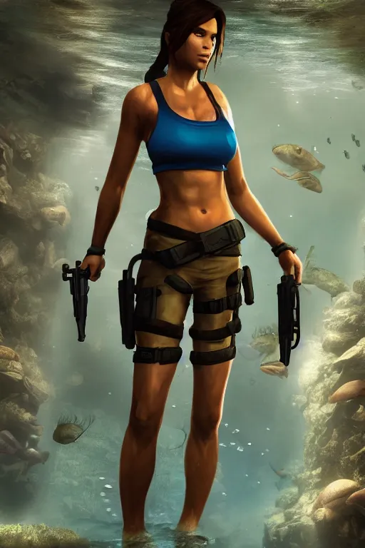 Image similar to lara croft underwater, bulging v neck with big chest, subway surrounded by fish, highly detailed, wide shot, intricate, fearful, mystical, sharp focus, Trending on Artstation HQ, deviantart, unreal engine 5, 4K UHD image