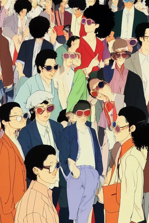 Prompt: an transparent glass portrait of the stylish and fashionable les twins wearing sunglasses while standing in front of a massive crowd, by kawase hasui, studio ghibli, moebius and edward hopper, colorful flat surreal design, xray hd, 8 k, artstation