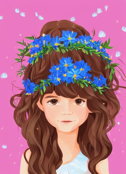 Prompt: a little girl with wavy curly light brown hair and blue eyes. she is wearing a flower crown and chasing fireflies. clean cel shaded vector art. shutterstock. behance hd by lois van baarle, artgerm, helen huang, by makoto shinkai and ilya kuvshinov, rossdraws, illustration, art by ilya kuvshinov