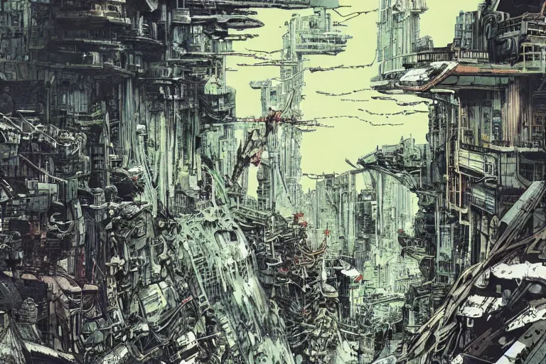 Image similar to no man's land, remnants of the human civilization, post-apocalyspe, a color illustration by Tsutomu Nihei and Katsuhiro Otomo