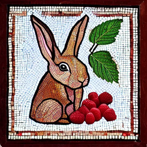 Image similar to a rabbit eating raspberries in the style of ancient mosaic