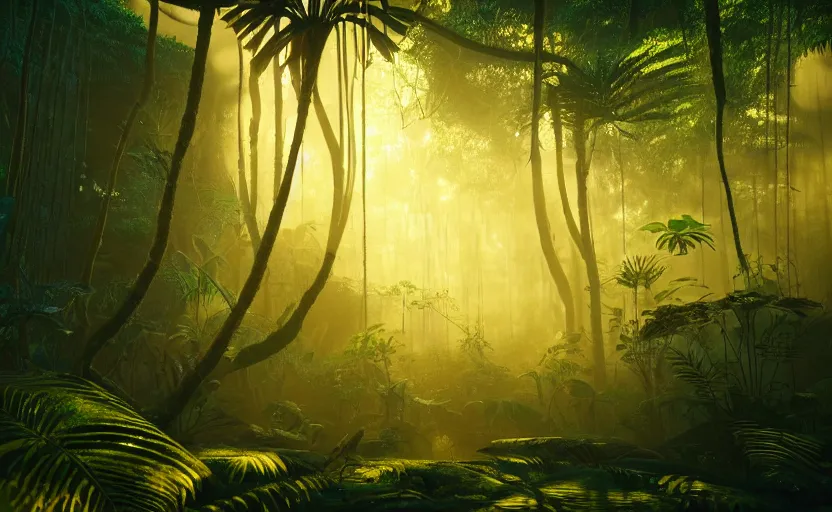 Image similar to a beautiful render of a dark prehistoric rainforest, lush flora, insects flying around, patches of green - orange sky, intricate detail, god rays, hazy, humid, volumetric lighting, 8 k, photorealistic, raytracing effects, unreal engine 5