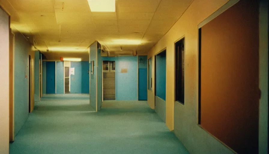 Prompt: 60s movie still of an empty sauna corridor fade yellow light and light blue tiles floor in the backrooms, exit signs with random arrows everywhere, cinestill 800t 50mm eastmancolor, liminal Space style, heavy grain