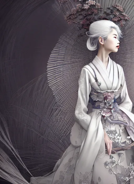 Image similar to portrait of a beautiful japanese princess with white hair dressed as a french maid, elegant, highly detailed, digital painting, an ultrafine detailed illustration by james jean, intricate linework, octane render, by ruan jia and zeen chin and alphonse mucha, unreal engine 5 highly rendered, ethereal, ominous, detailed and intricate environment