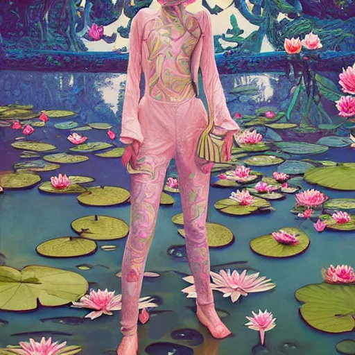 Image similar to pretty model with water lilies : : by martine johanna and simon stalenhag and chie yoshii and casey weldon and wlop : : ornate, dynamic, particulate, rich colors, intricate, elegant, highly detailed, vogue, harper's bazaar art, fashion magazine, smooth, sharp focus, 8 k, octane render