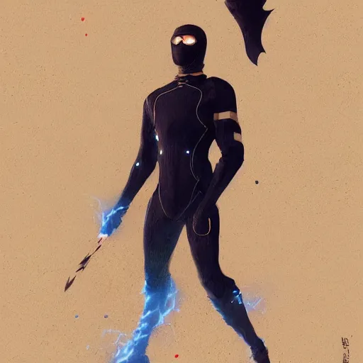 Image similar to a hero named rope man, his suit is black and blue and he has a bat like wing suit under it, mystic, concept art, artstation, greg rutkowski, reference sheet