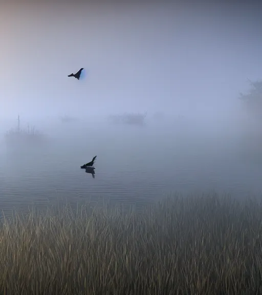 Image similar to the reflection of three crows standing in a boat in a swamp, volumetric lighting, fog, majestic light, octane render, ethereal glare of the sun, hyperrealistic, epic, masterpiece, by makoto shinkai