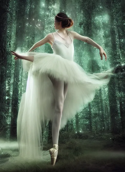 Image similar to luminescent long exposure light painting beauteous practical sumptuous ballerina, lifelike incredible hair, projected crystalline masterpiece incrustations, hyperdetailed face, elegant pose, movie still, intricate, octane render, cinematic forest lighting,