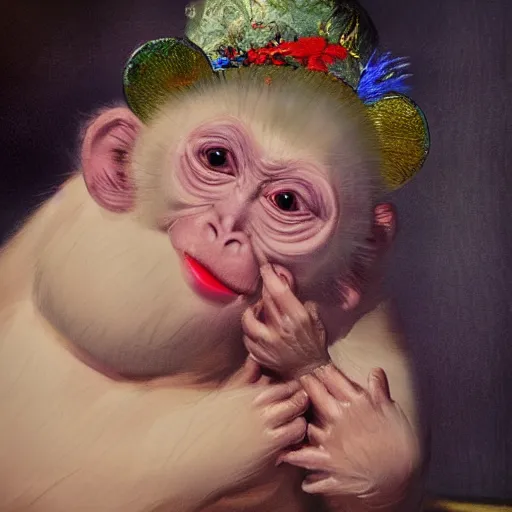 Image similar to magical scene. the sweet old very fat baby white monkey, red lips, blue eyes, is in love with her fancy beautiful colorful white fish. close up. clear face. subsurface scattering shiny skin. cinematic scene. glossy. highly detailed, color harmony, art station, ornate, caravaggio style. 3 d, beautiful lighting, old photography