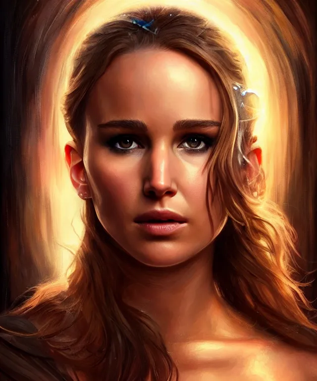 Image similar to half nathalie portman half Jennifer lawrence a fantasy magic woman portrait, sci-fi, amber eyes, face, long hair, fantasy, intricate, elegant, highly detailed, digital painting by Boticceli, artstation, concept art, smooth, sharp focus, illustration, art by artgerm and greg rutkowski and alphonse mucha