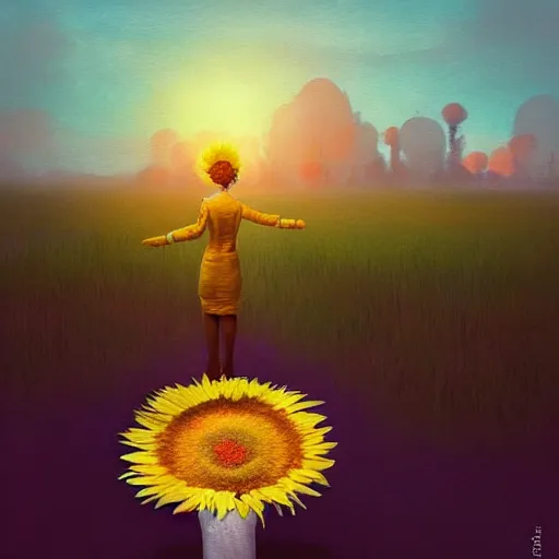 Image similar to giant daisy flower under head, frontal, a girl in a suit, surreal photography, sunrise, dramatic light, impressionist painting, digital painting, artstation, simon stalenhag