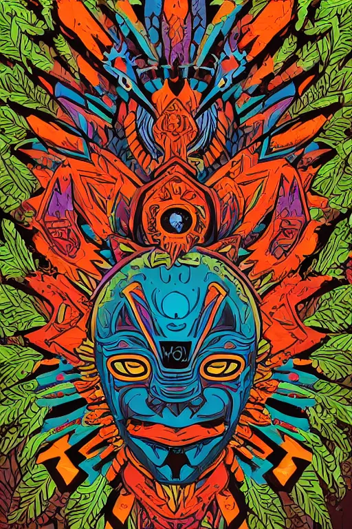 Image similar to animal mask totem roots flower tribal feather gemstone plant wood rock shaman vodoo video game vector cutout illustration vivid multicolor borderlands comics by josan gonzales and dan mumford radiating a glowing aura