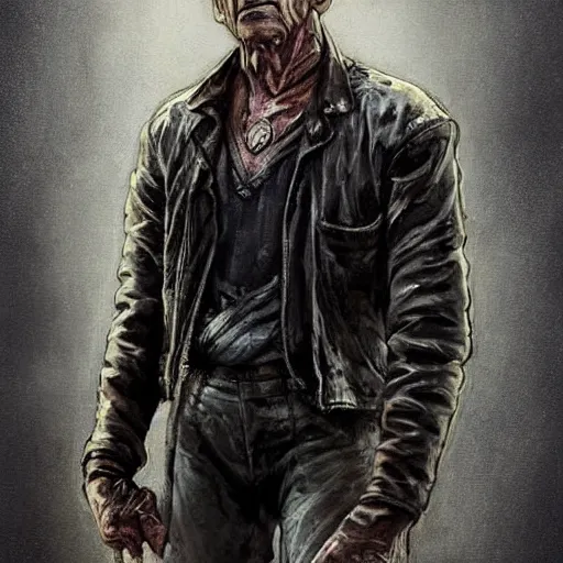 Image similar to a highly detailed epic cinematic concept art CG render digital painting artwork costume design: Humphrey Bogart, old scars, long hair, grizzled, tired and drunk, in an old 1950s leather jacket. By Greg Rutkowski, Ilya Kuvshinov, WLOP, Stanley Artgerm Lau, Ruan Jia and Fenghua Zhong, trending on ArtStation, made in Maya, Blender and Photoshop, octane render, excellent composition, cinematic atmosphere, dynamic dramatic cinematic lighting, aesthetic, very inspirational, arthouse