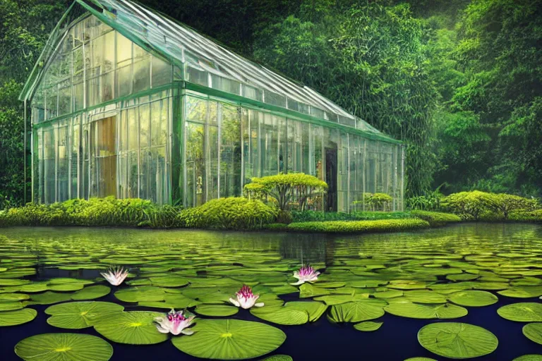 Prompt: simplicity, elegance, foliage overgrowing favela honeybee hive, art nouveau environment, glass houses, floating lily pads, award winning art, epic dreamlike fantasy landscape, ultra realistic,