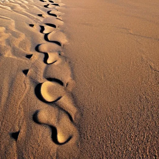 Image similar to footprints in sand at the beach, gentle waves, calm light, footprint path, light sand, distant clouds, photography award, leading lines