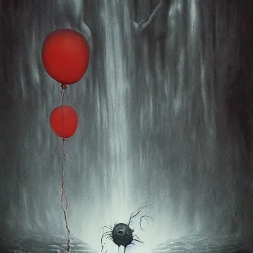 Prompt: grunge painting of a waterfall with a wide smile and a red balloon by Zdzisław Beksiński, loony toons style, pennywise style, corpse bride style, creepy lighting, horror theme, detailed, elegant, intricate, conceptual, volumetric light