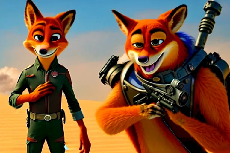 Image similar to nick wilde ( from zootopia ), heavily armed and armored facing down armageddon in a dark and gritty reboot from the makers of mad max : fury road