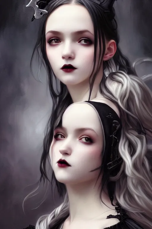 Image similar to portrait of radical lolita girl, dreamy and ethereal and dark, dark eyes, silver hair, smiling expression, ornate goth dress, dark fantasy, chaotic, elegant, black crows flying, highly detailed, digital painting, artstation, concept art, smooth, sharp focus, illustration, art by artgerm and greg rutkowski and alphonse mucha