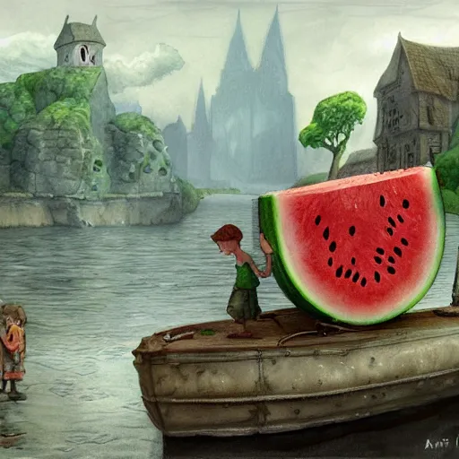 Image similar to sprite soda and watermelon, a detailed matte painting by anton pieck, deviantart contest winner, fantasy art, concept art, official art, matte drawing