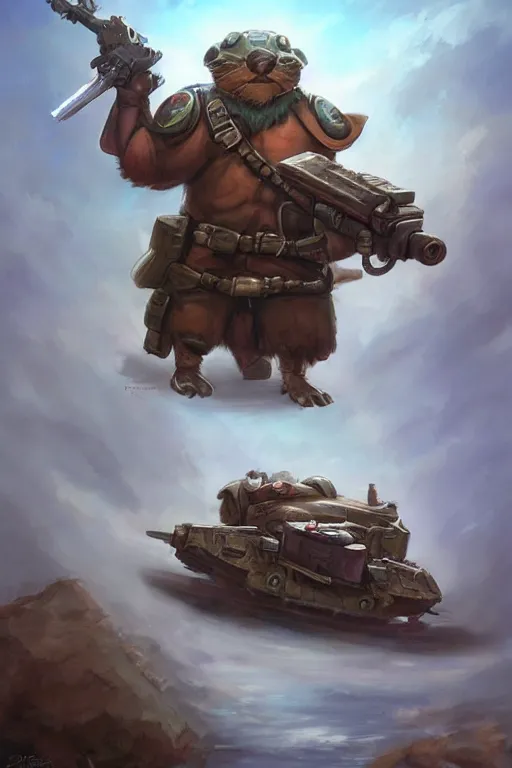 Prompt: cute little anthropomorphic Guinea Pig Infantry advancing next to a tank, tiny, small, short, American tanker outfit, cute and adorable, pretty, beautiful, DnD character art portrait, matte fantasy painting, DeviantArt Artstation, by Jason Felix by Steve Argyle by Tyler Jacobson by Peter Mohrbacher, cinematic lighting
