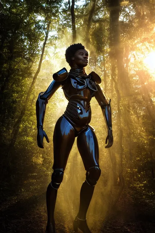 Prompt: hyperrealistic very beautiful black woman highly detailed exoskeleton armor in a forest sun behind her god rays concept art eric zener elson peter dramatic light low angle hd 8k sharp focus