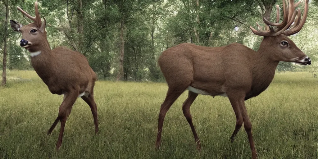 Prompt: a large human deer hybrid, photo realistic, 4 k, hyper realistic