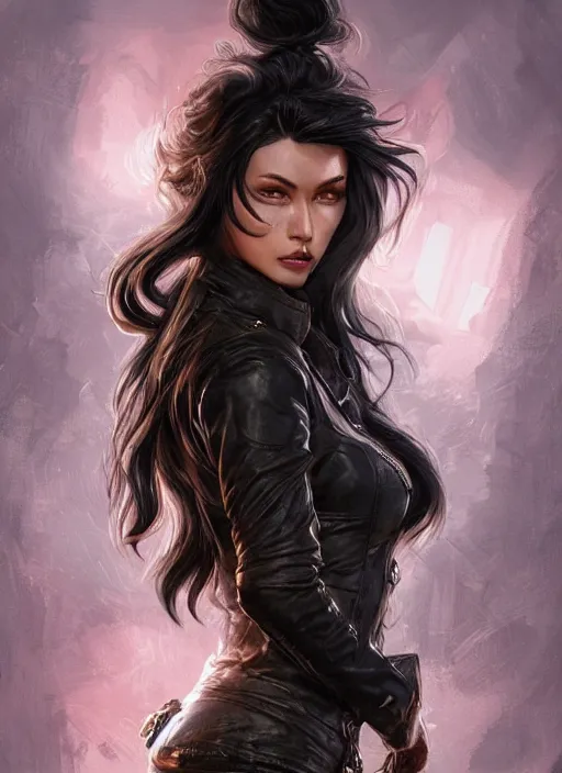 Prompt: a black haired woman in a leather jacket, muscular upper body, abs, d & d, fantasy, intricate, elegant, highly detailed, digital painting, artstation, concept art, smooth, sharp focus, illustration, art by anna dittmann