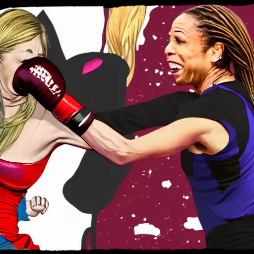 Prompt: highly detailed, avril lavigne punching kamala harris in a volcano, 4 k