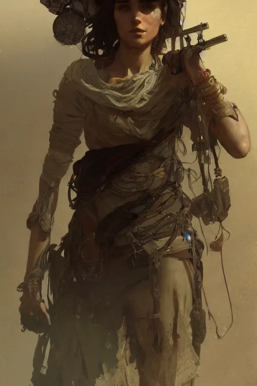 Prompt: A full portrait of a beautiful post apocalyptic Bedouin explorer, intricate, elegant, highly detailed, digital painting, artstation, concept art, smooth, sharp focus, illustration, art by Krenz Cushart and Artem Demura and alphonse mucha