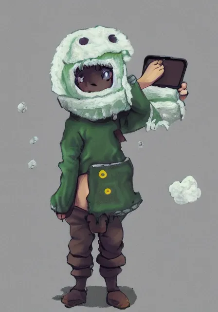 Image similar to little boy wearing sheep suit using a smartphone, gray, blue, green and brown pallet color. made in abyss art style, inspired in kris from deltarrune, cute detailed artwork, anatomically correct, clean details