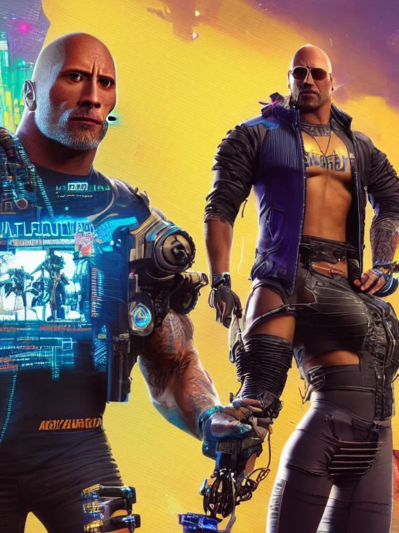Image similar to a cyberpunk 2077 portrait of Dwayne Johnson holding a female android ,tango pose,complex mess of cables and wires behind them connected to giant computer, love moive,film lighting, by laurie greasley,Lawrence Alma-Tadema,William Morris,Dan Mumford, trending on atrstation, full of color,face enhance, highly detailed,8K, octane,golden ratio,cinematic lighting