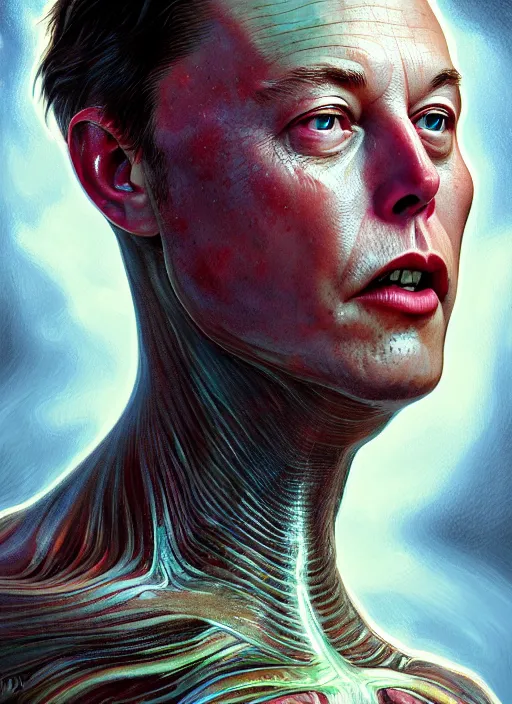 Prompt: elon musk as slimy mollusk character, drool, full length portrait!!!, intricate, elegant, highly detailed, digital painting, artstation, concept art, wallpaper, smooth, sharp focus, illustration, art by h. r. giger and artgerm and greg rutkowski and alphonse mucha