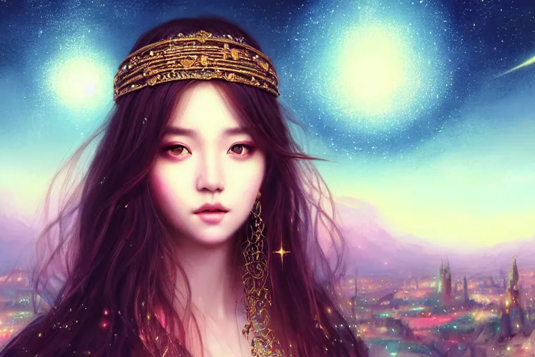 Prompt: masterpiece portrait charming and miracle female luxury astromancer boho accessories in dreamlike movie, kpop, miracle, high detailed face, art by artgerm, greg rutkowski, sasoura, satchely, big major starry sky and city in background, uhd, medium long shot, fantasy, twlight, no distorsion, sharp focus
