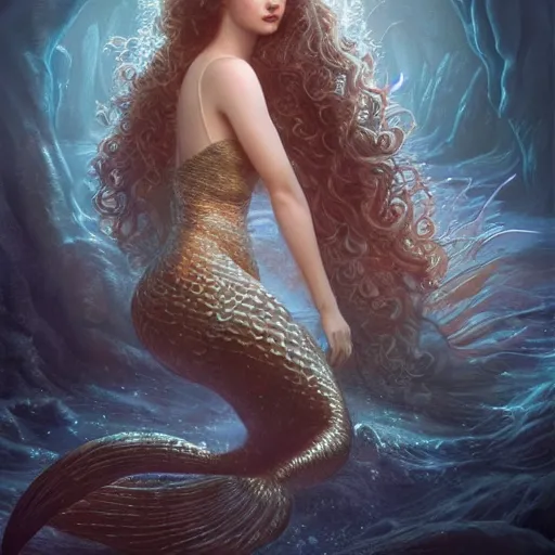 Image similar to beautiful mermaid with curly hair, magical details, magical atmosphere, cinematic lighting, hyper - detailed, cgsociety, 3 - d 8 k, high resolution, in the style of charlie bowater, tom bagshaw, alexis franklin, elena masci, pawel rebisz