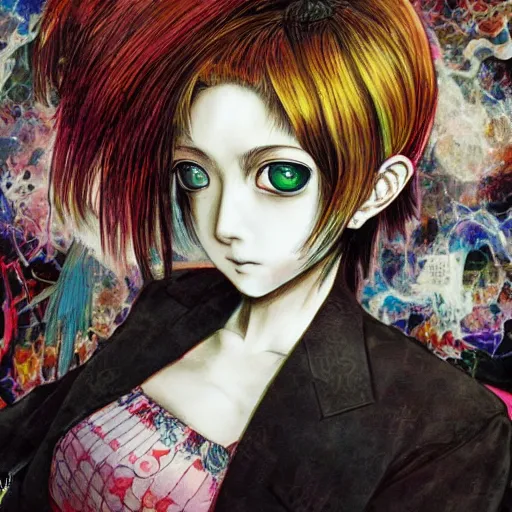 Image similar to yoshitaka amano realistic illustration of an anime girl with black eyes and short white hair wearing dress suit with tie and surrounded abstract junji ito style patterns in the background, blurry and dreamy illustration, noisy film grain effect, highly detailed, oil painting with expressive brush strokes, weird portrait angle