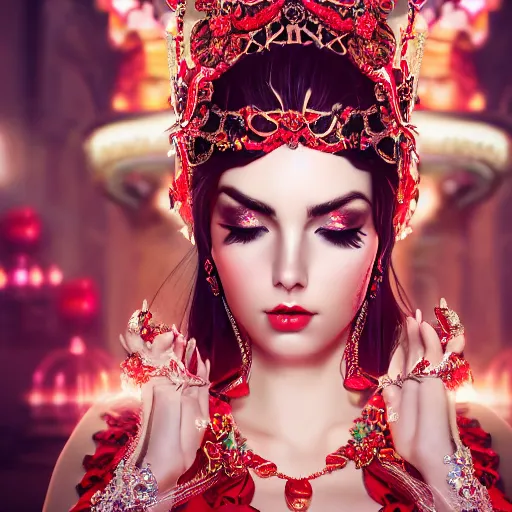 Prompt: wonderful princess with smooth fair skin, alluring eyes, red eyeshadow, red jewelry, breathtaking, elegant, intricate, ornate backdrop, hyper detailed, accent lighting, 4 k glamour photography, octane render