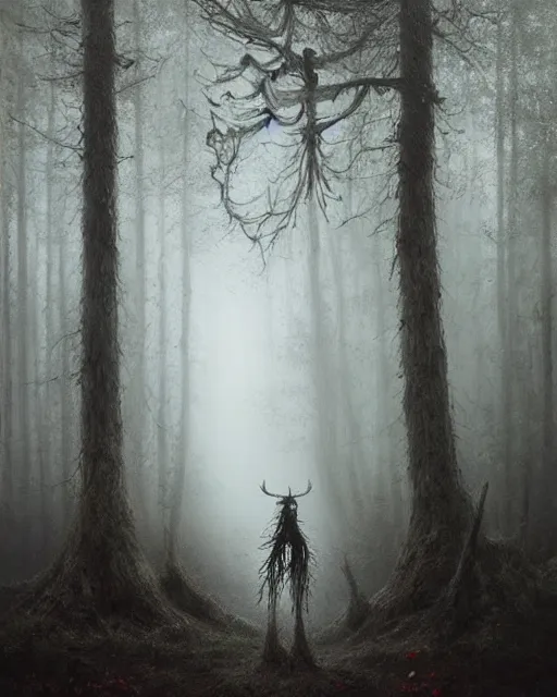 Image similar to oil painting of forest spirit made out of wooden sticks with a deer skull for a face, dark forest, fog, dark fantasy, gloomy, pale colors, by greg rutkowski