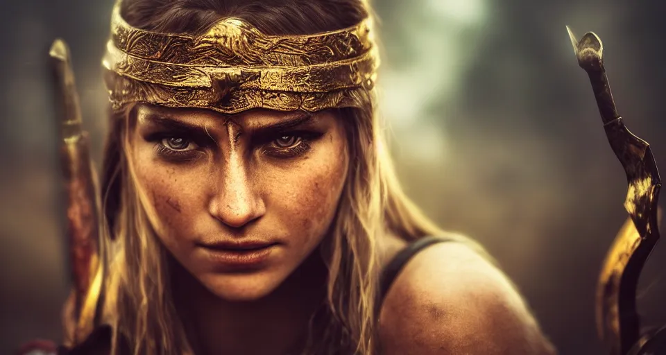 Image similar to close-up photo of a beautiful warrior princess in a battle scene, shallow depth of field, photorealistic, cinematic lighting, warm colours, dusk