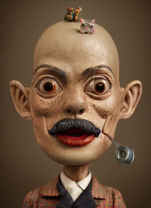 Image similar to closeup face profile portrait of a tin toy albert fish eating cakes, depth of field, zeiss lens, detailed, symmetrical, centered, fashion photoshoot, by nicoletta ceccoli, mark ryden, lostfish, breathtaking, 8 k resolution, extremely detailed, beautiful, establishing shot, artistic, hyperrealistic, octane render