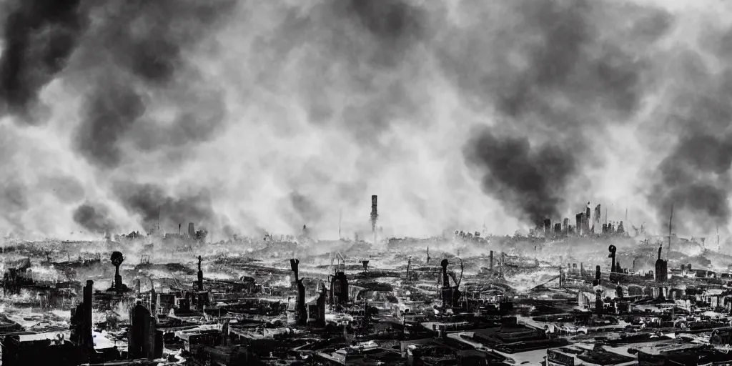 Prompt: dieselpunk city skyline ablaze, huge fires everywhere, everything burning, aerial view, wide shot, 120 black and white film