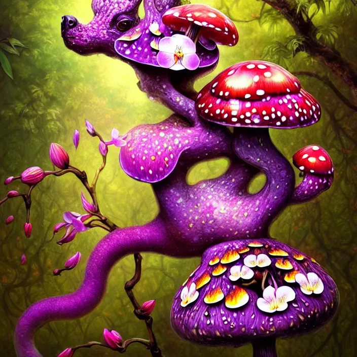 Image similar to extremely psychedelic animal made of orchid and cherry blossom tree and mushroom, LSD animal, diffuse lighting, fantasy, intricate, elegant, highly detailed, lifelike, photorealistic, digital painting, artstation, illustration, concept art, smooth, sharp focus, art by John Collier and Albert Aublet and Krenz Cushart and Artem Demura and Alphonse Mucha