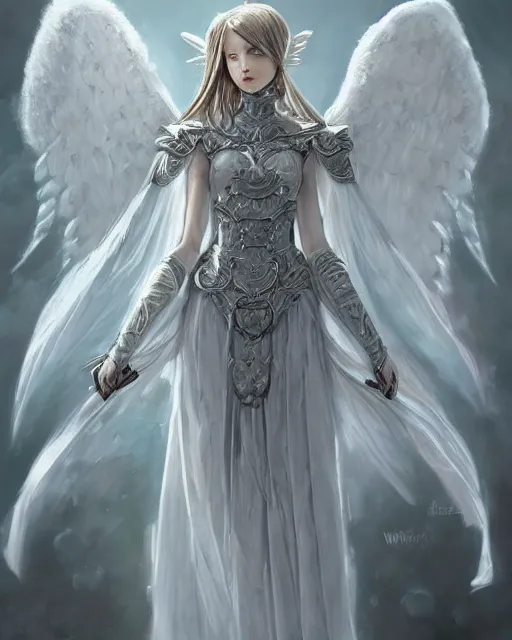 Image similar to an infinitely detailed portrait of a frail and pale female peace angel elegantly. fully - clothed full - body, beautiful! scenery art!! coherent! by wlop & murata range, victorian armor trim, cold color palette, artstation / pixiv!! elegantly armored angel portrait full - body, dreamy art